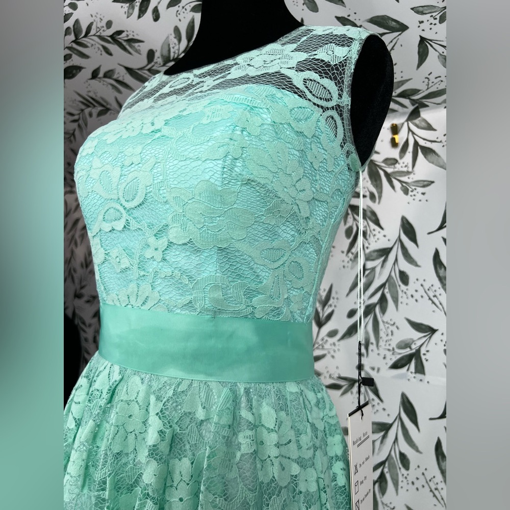 Elegant Lace Mint Green Prom Bridesmaid Cocktail Dress Sz XS Satin Waistband #D - Picture 7 of 16